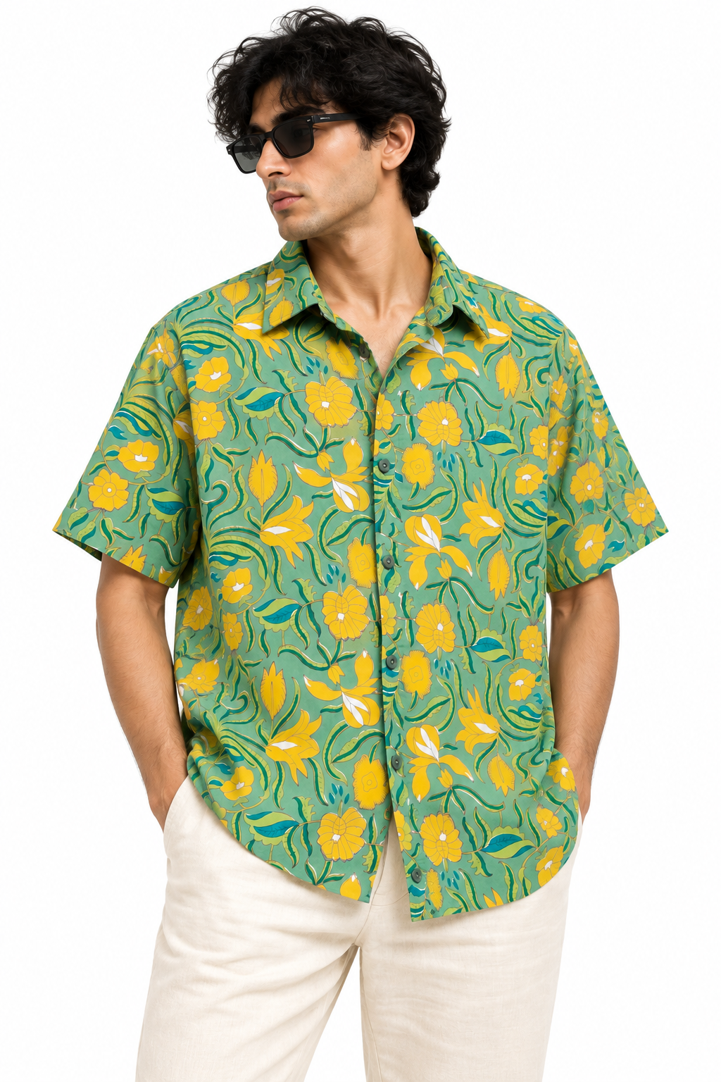 Green Floral Printed Unisex Half-Sleeve Shirt