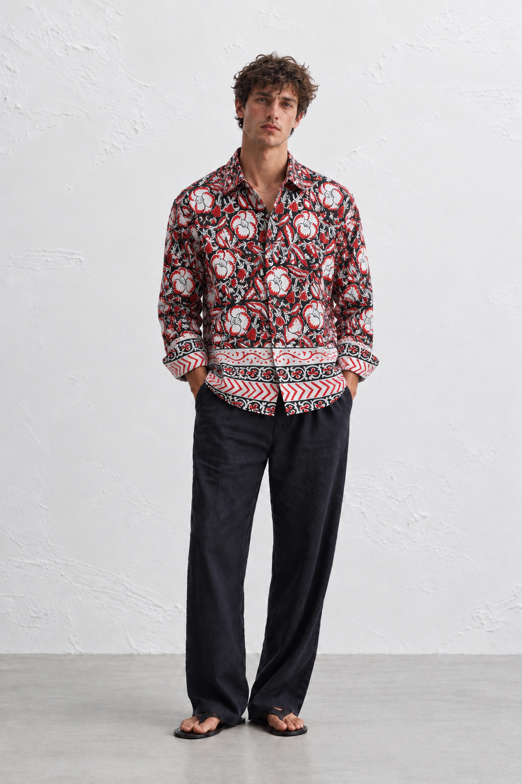 BLACK FLORAL HAND-BLOCKED SHIRT