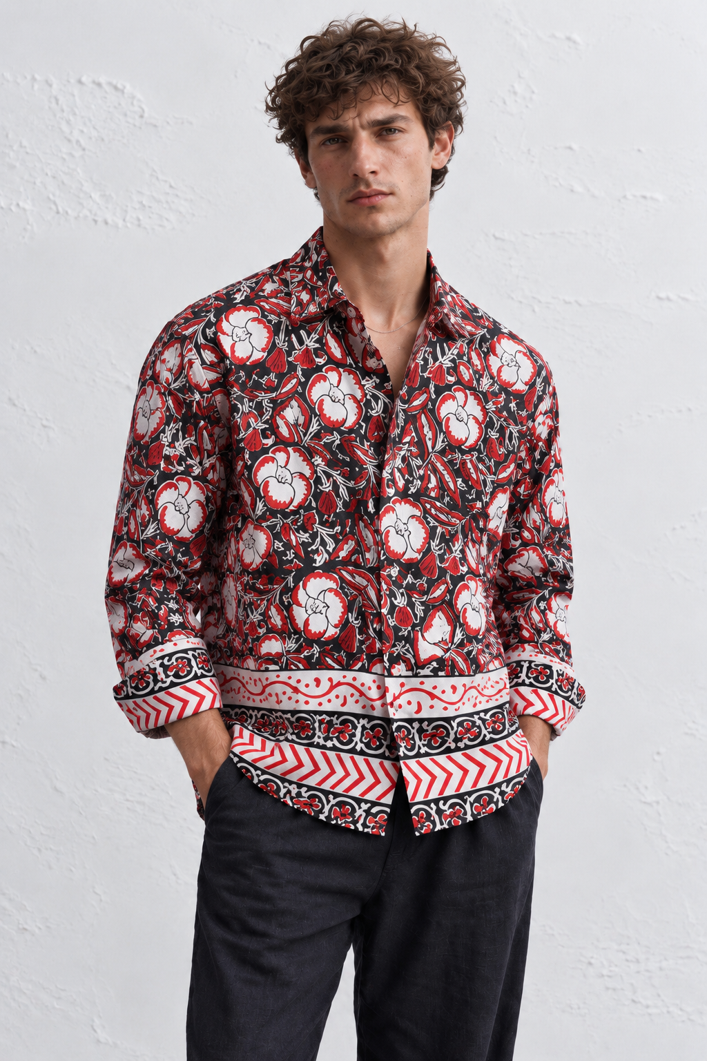BLACK FLORAL HAND-BLOCKED SHIRT