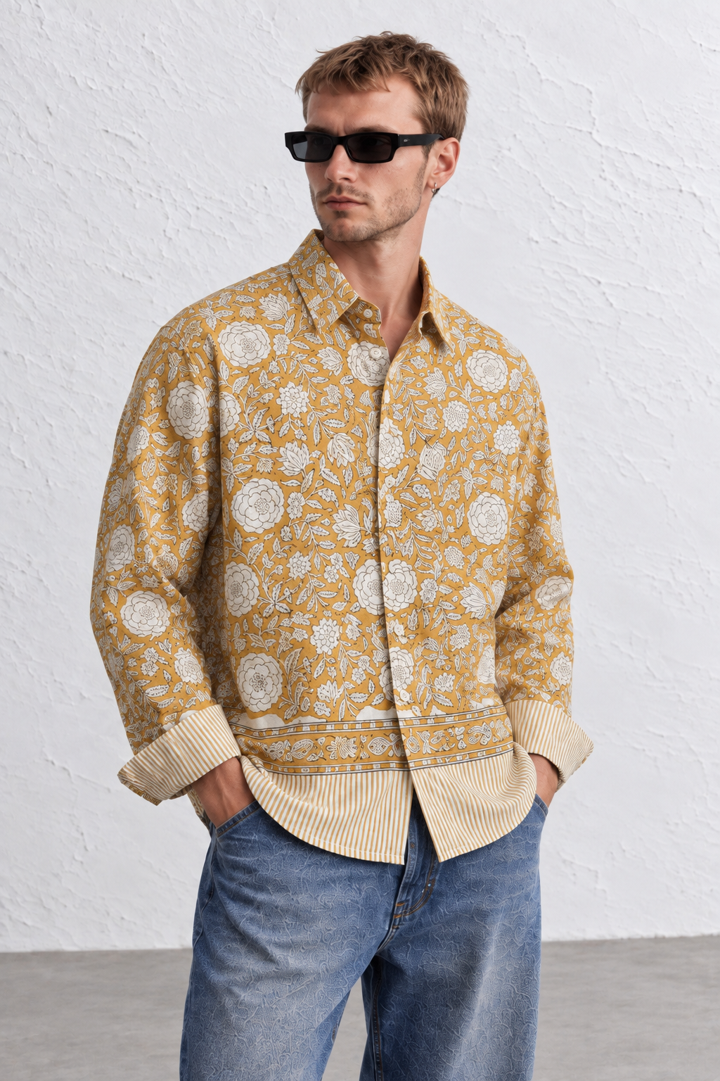 MUSTARD YELLOW FLORAL HAND-BLOCKED SHIRT