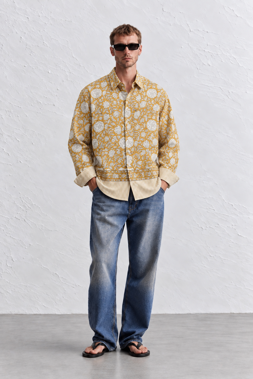 MUSTARD YELLOW FLORAL HAND-BLOCKED SHIRT