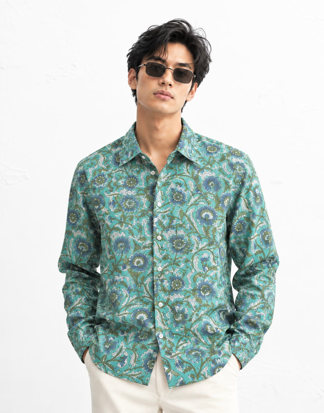 GRANITE GREEN FLORAL HAND-BLOCKED SHIRT