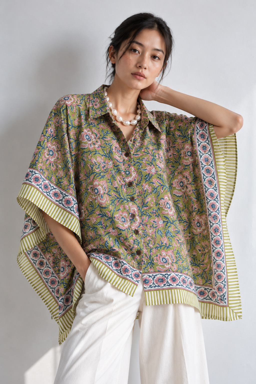 GREEN FLORAL HAND-BLOCKED KAFTAN SHIRT