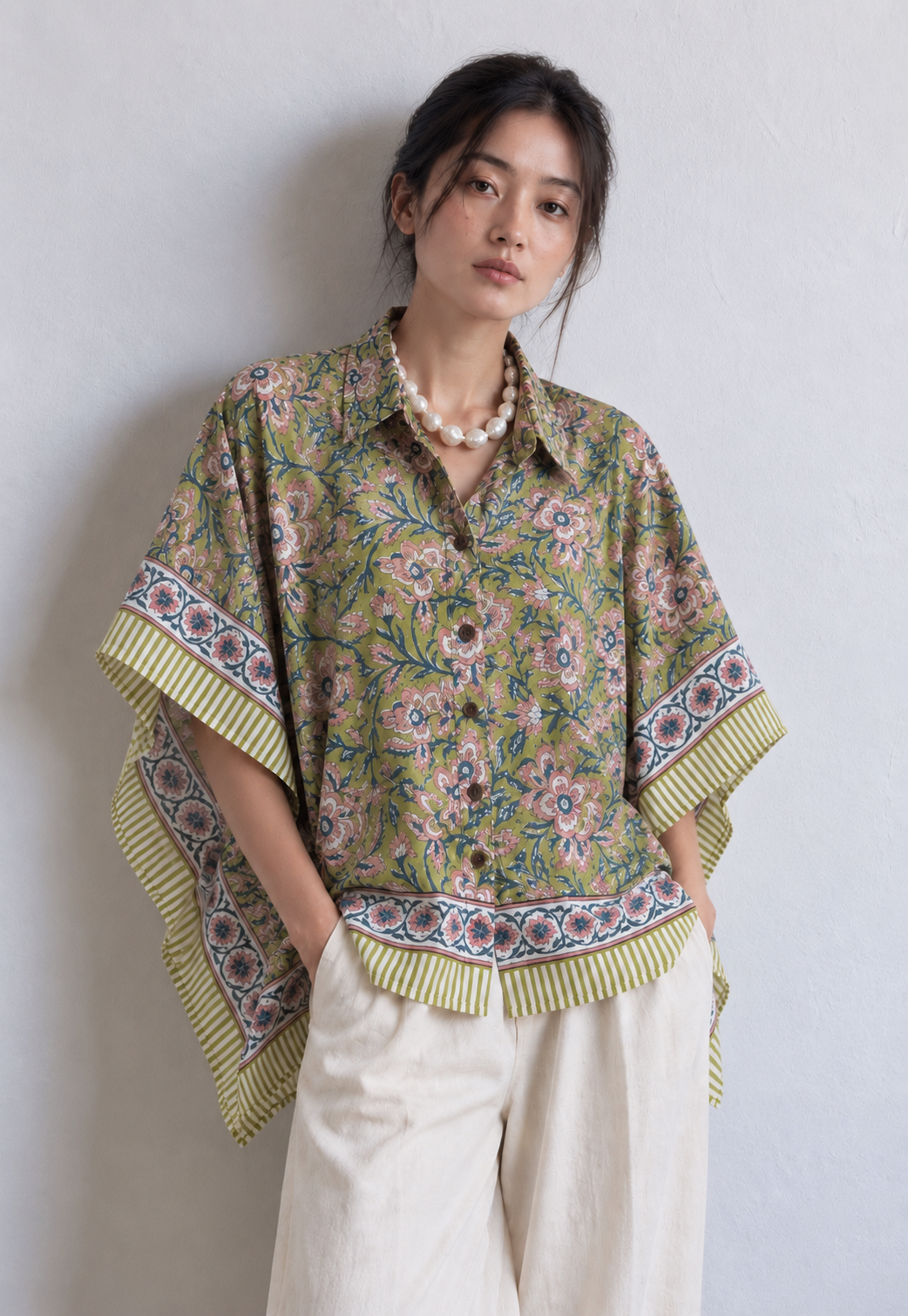 GREEN FLORAL HAND-BLOCKED KAFTAN SHIRT