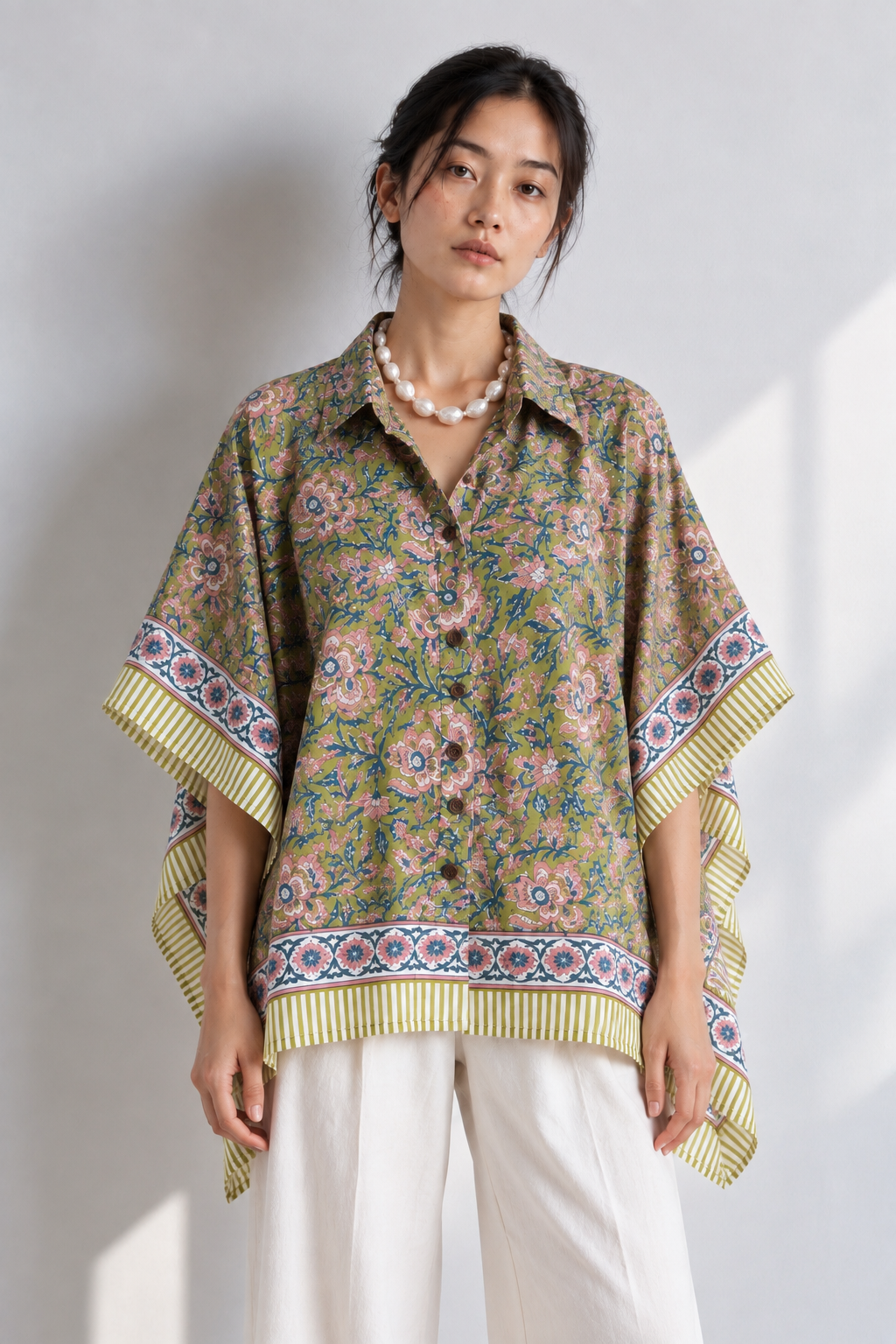 GREEN FLORAL HAND-BLOCKED KAFTAN SHIRT