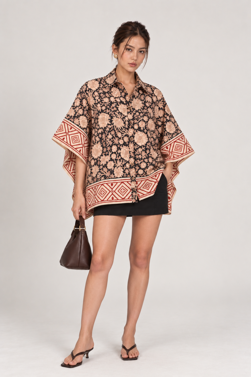BLACK FLORAL HAND-BLOCKED KAFTAN SHIRT