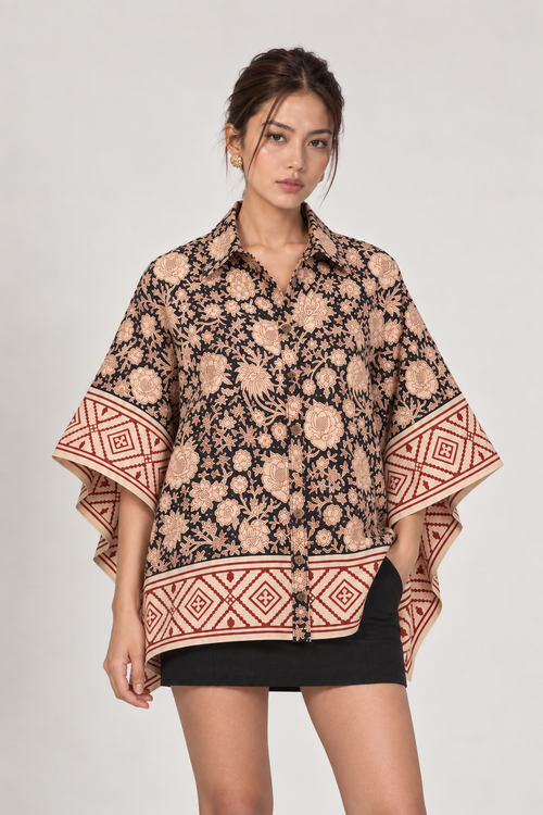 BLACK FLORAL HAND-BLOCKED KAFTAN SHIRT