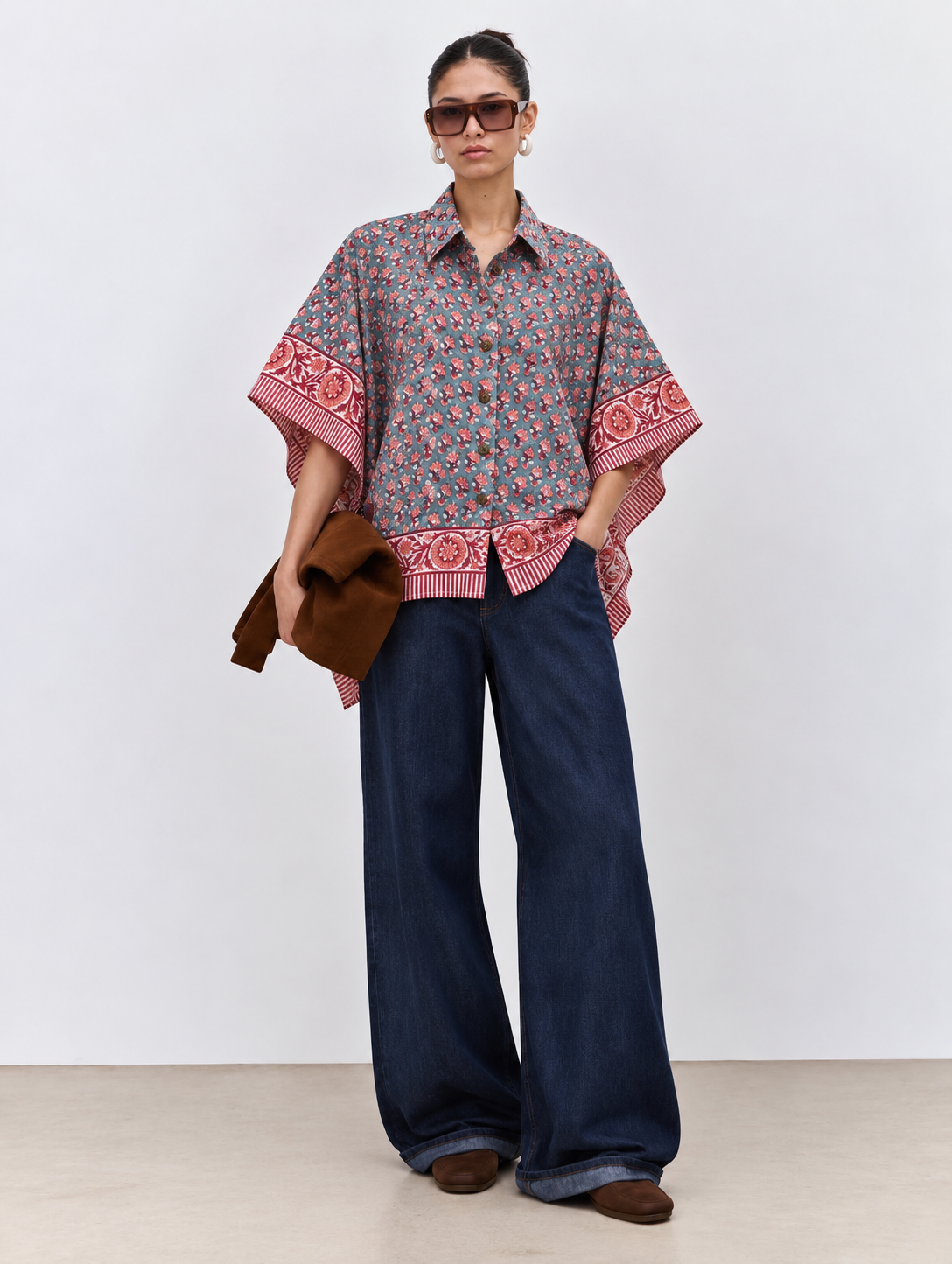 BLUE FLORAL HAND-BLOCKED KAFTAN SHIRT