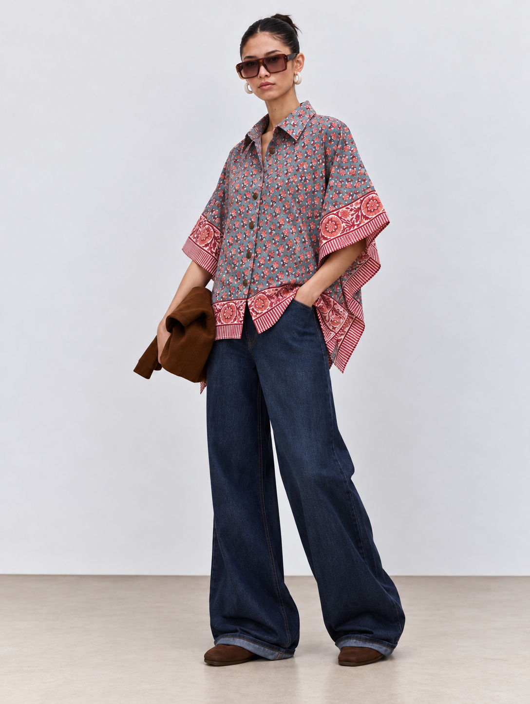 BLUE FLORAL HAND-BLOCKED KAFTAN SHIRT