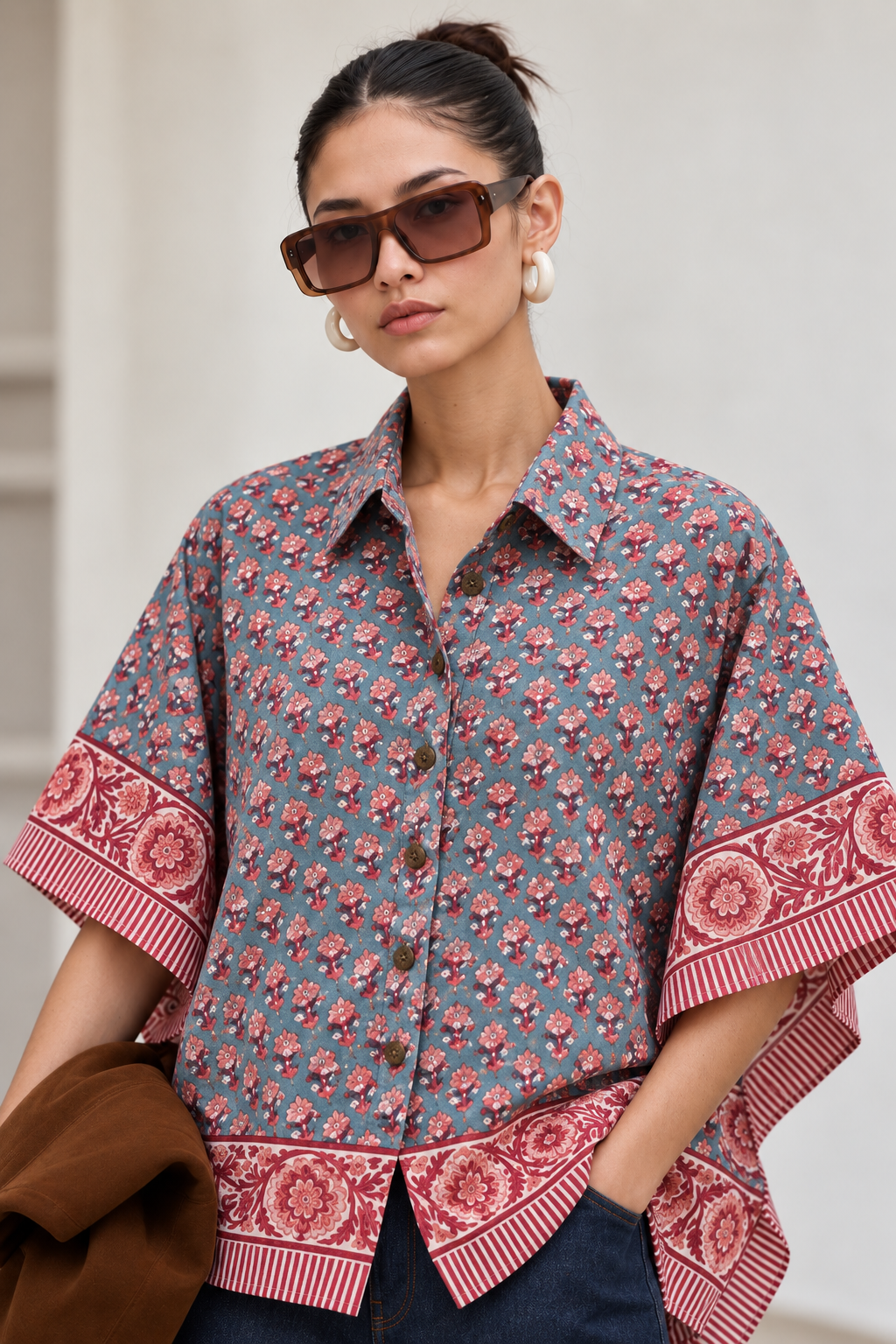 BLUE FLORAL HAND-BLOCKED KAFTAN SHIRT