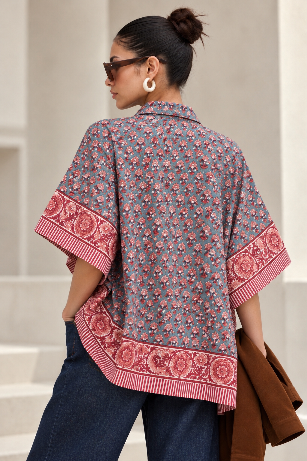 BLUE FLORAL HAND-BLOCKED KAFTAN SHIRT