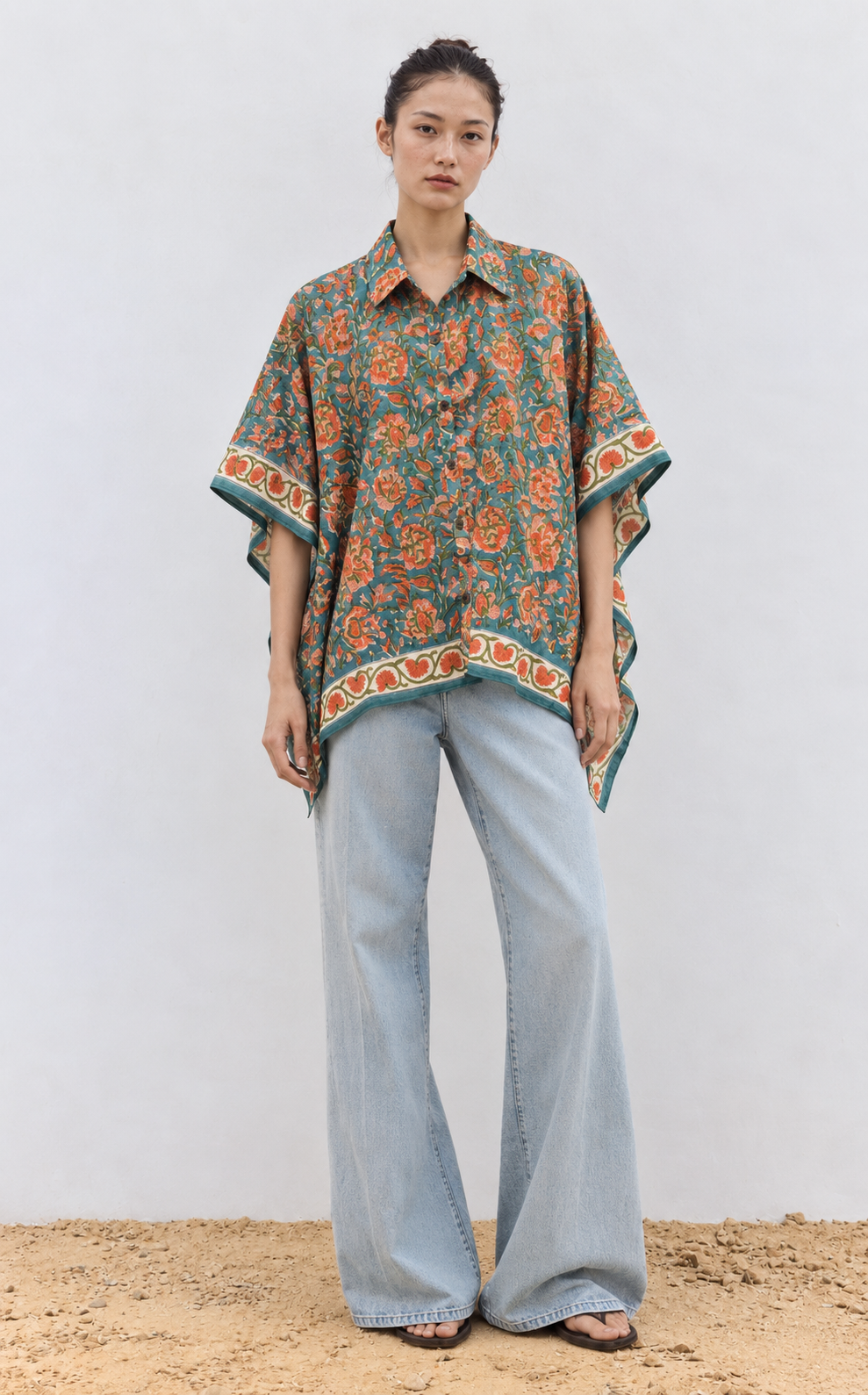 TEAL BLUE FLORAL HAND-BLOCKED KAFTAN SHIRT