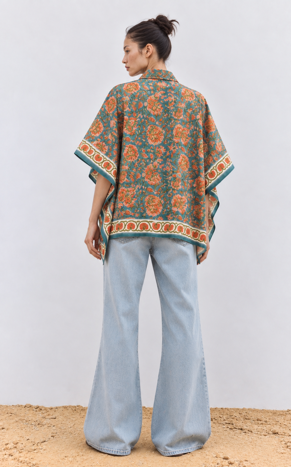 TEAL BLUE FLORAL HAND-BLOCKED KAFTAN SHIRT