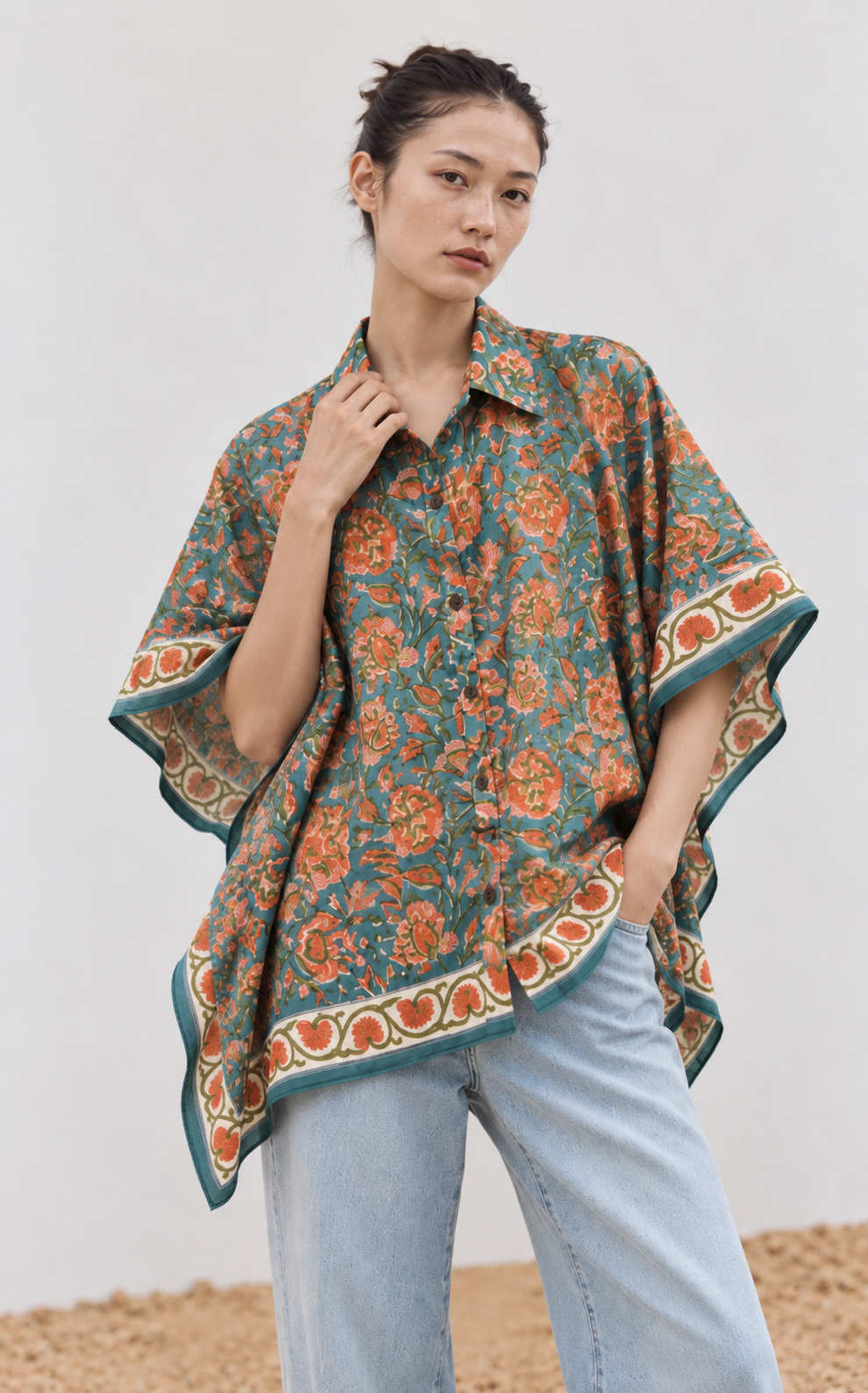 TEAL BLUE FLORAL HAND-BLOCKED KAFTAN SHIRT