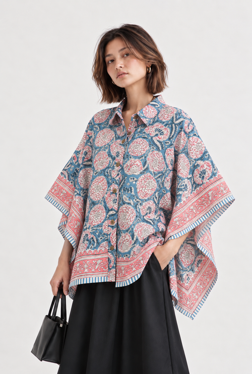 BLUE FLORAL HAND-BLOCKED KAFTAN SHIRT