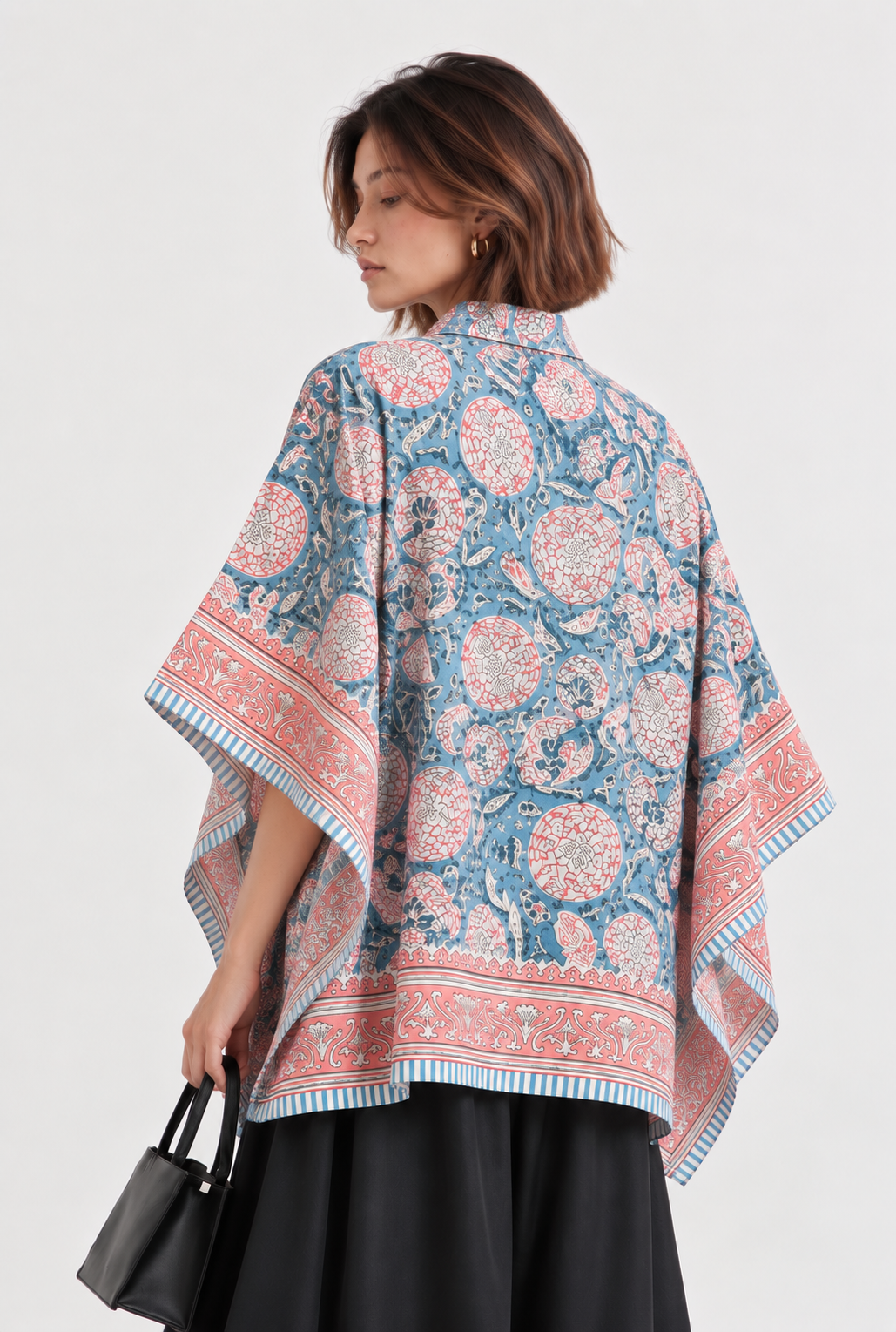 BLUE FLORAL HAND-BLOCKED KAFTAN SHIRT