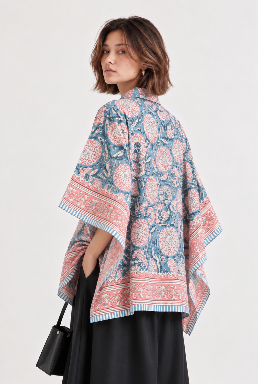 BLUE FLORAL HAND-BLOCKED KAFTAN SHIRT