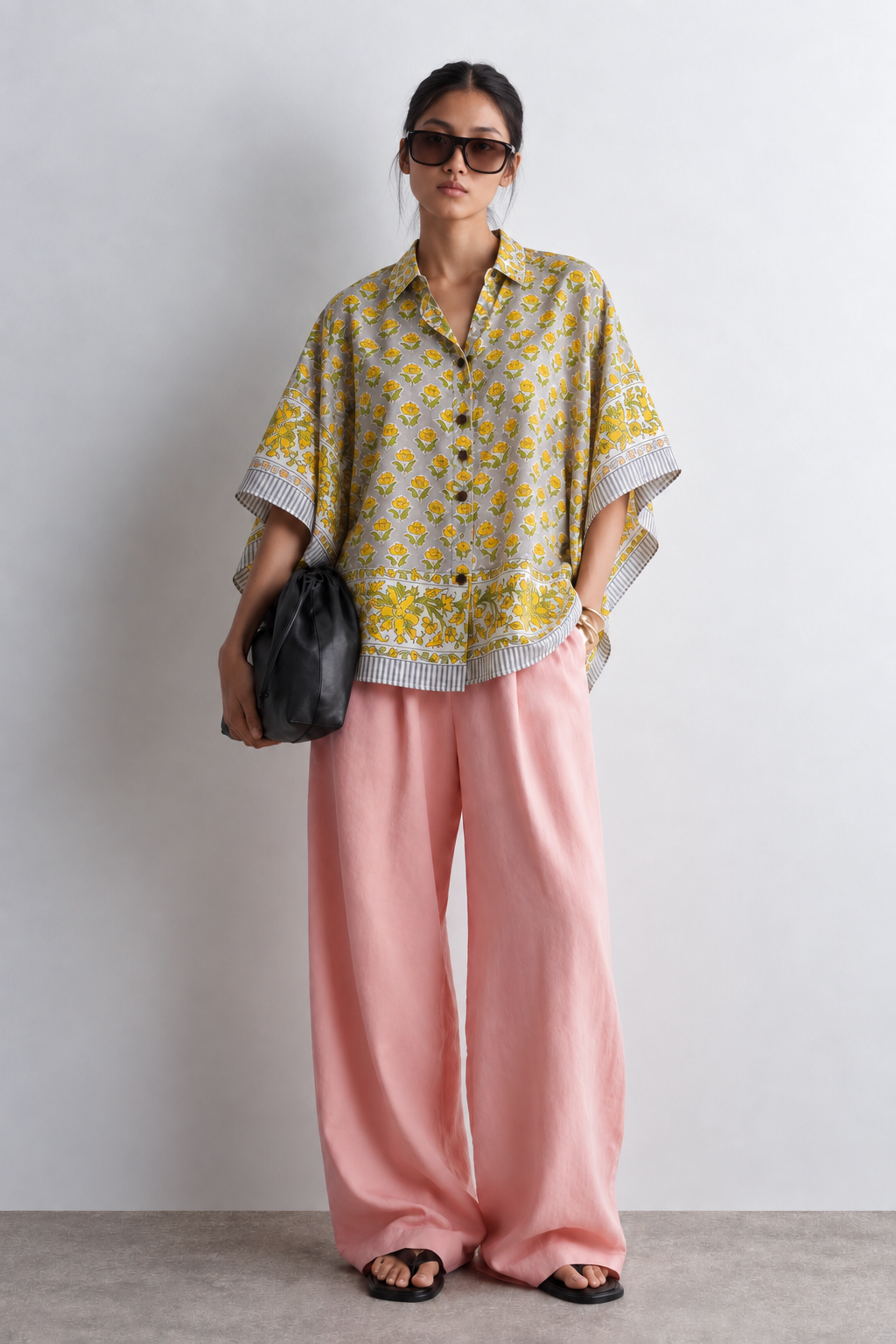 LIGHT GREY FLORAL HAND-BLOCKED KAFTAN SHIRT