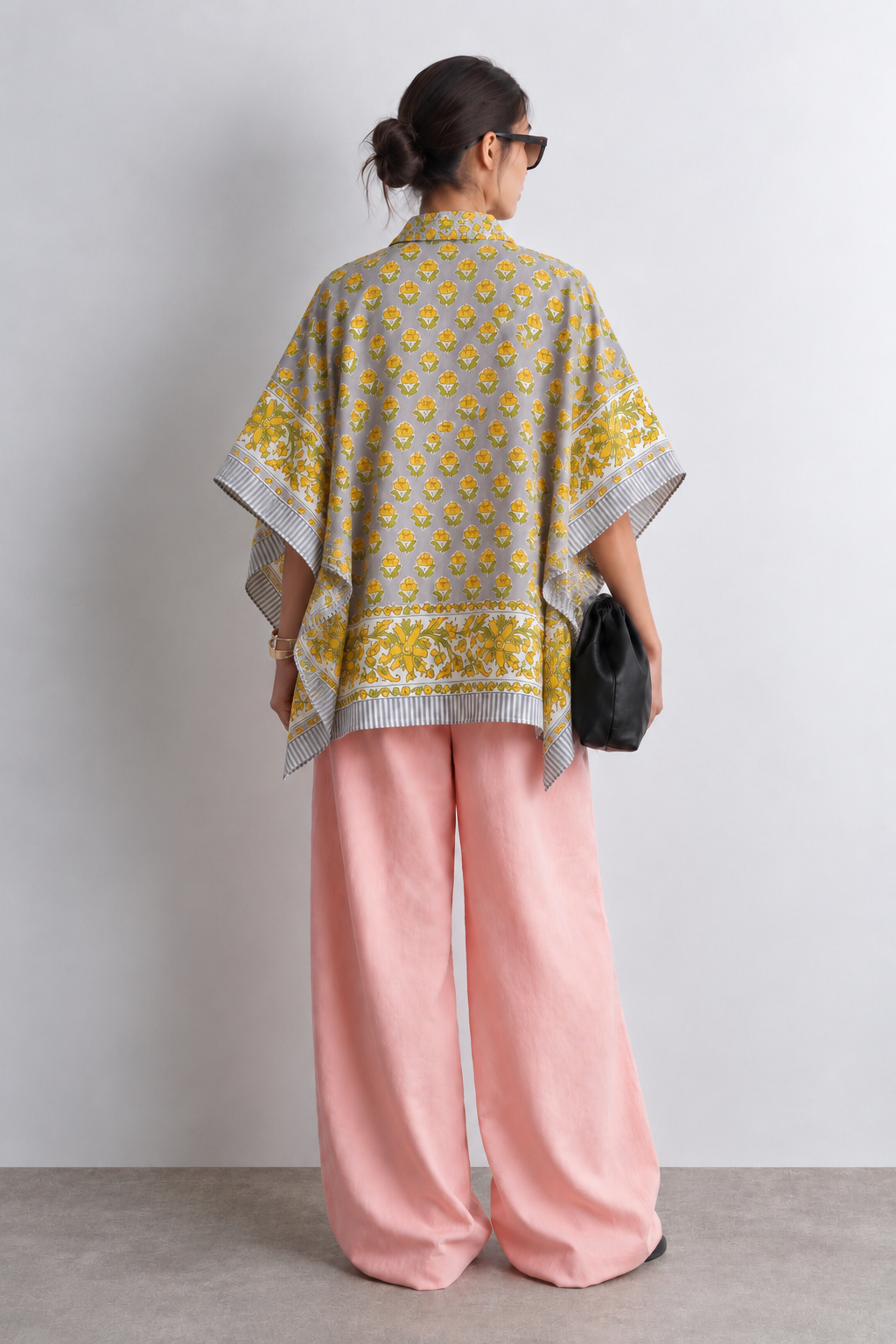 LIGHT GREY FLORAL HAND-BLOCKED KAFTAN SHIRT