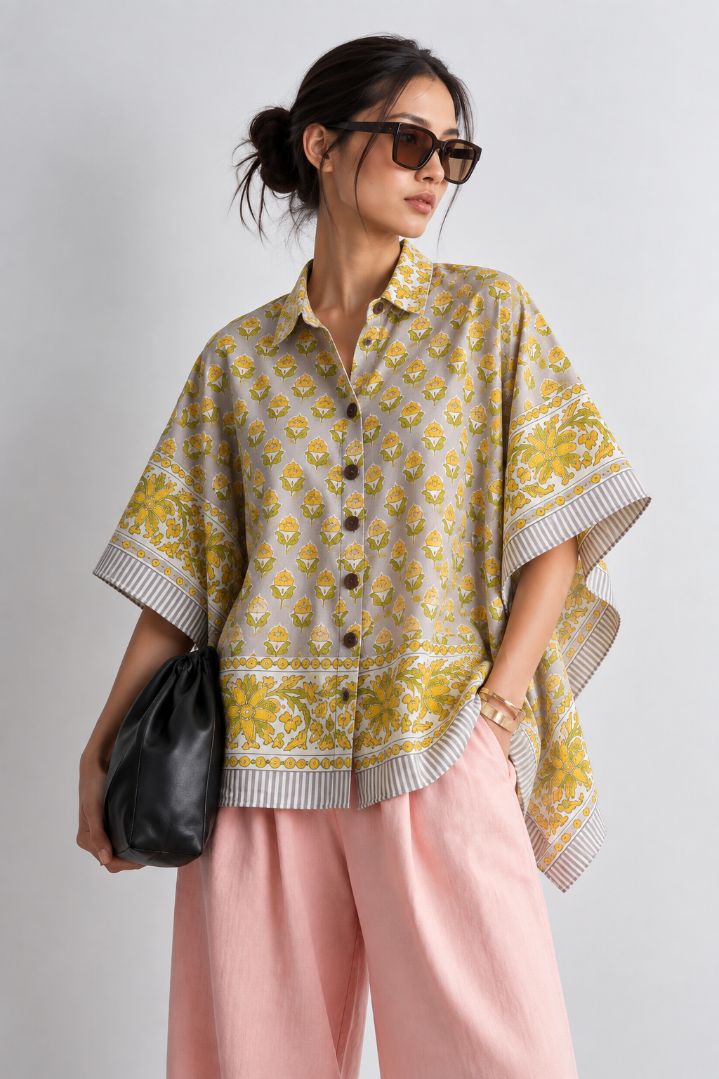 LIGHT GREY FLORAL HAND-BLOCKED KAFTAN SHIRT
