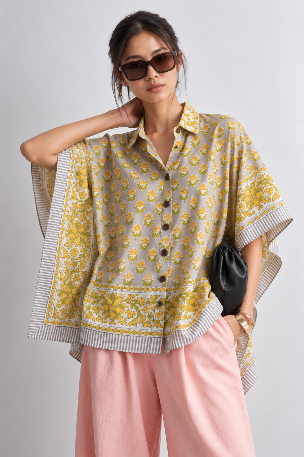 LIGHT GREY FLORAL HAND-BLOCKED KAFTAN SHIRT