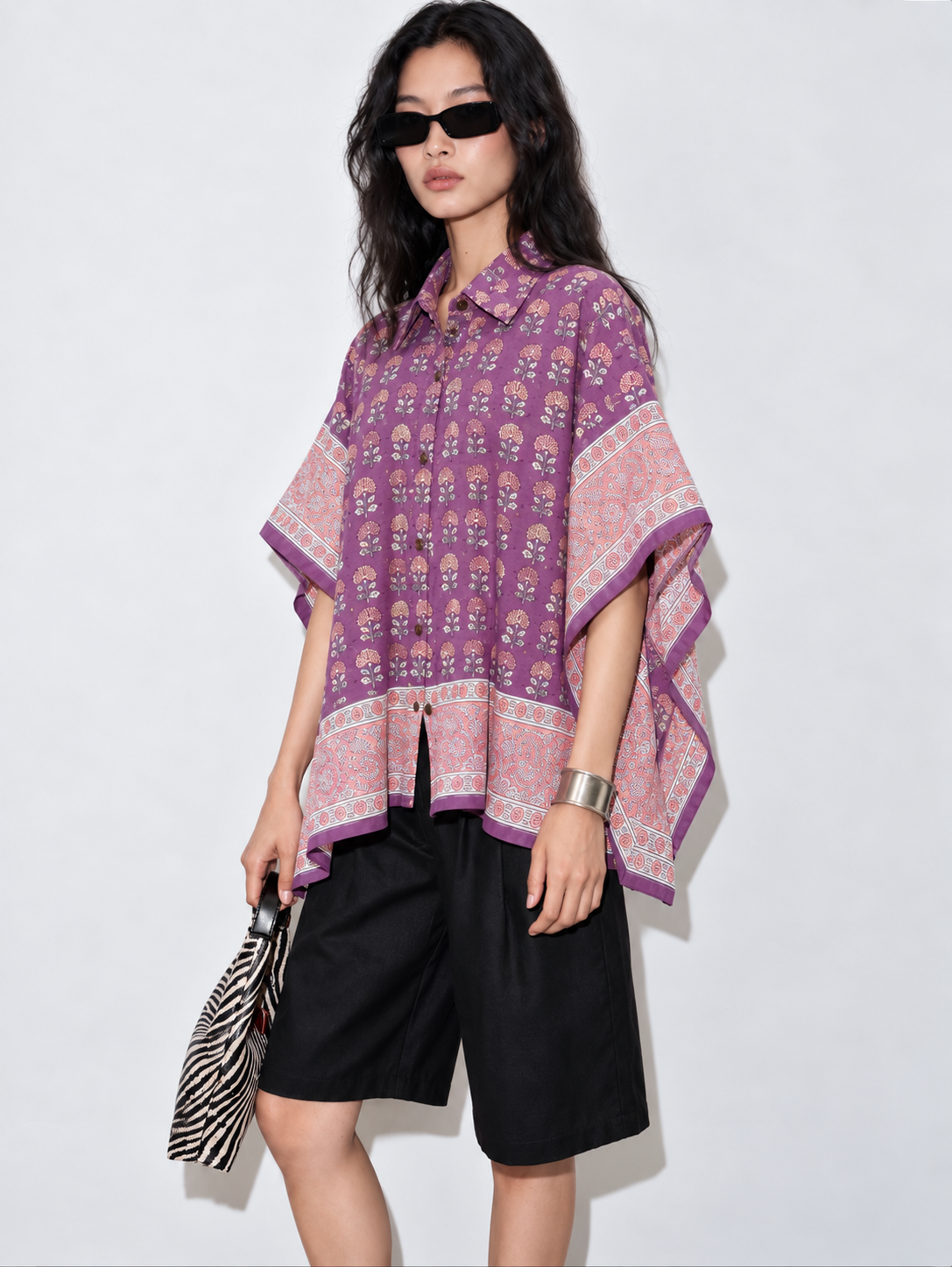 LILAC FLORAL HAND-BLOCKED KAFTAN SHIRT