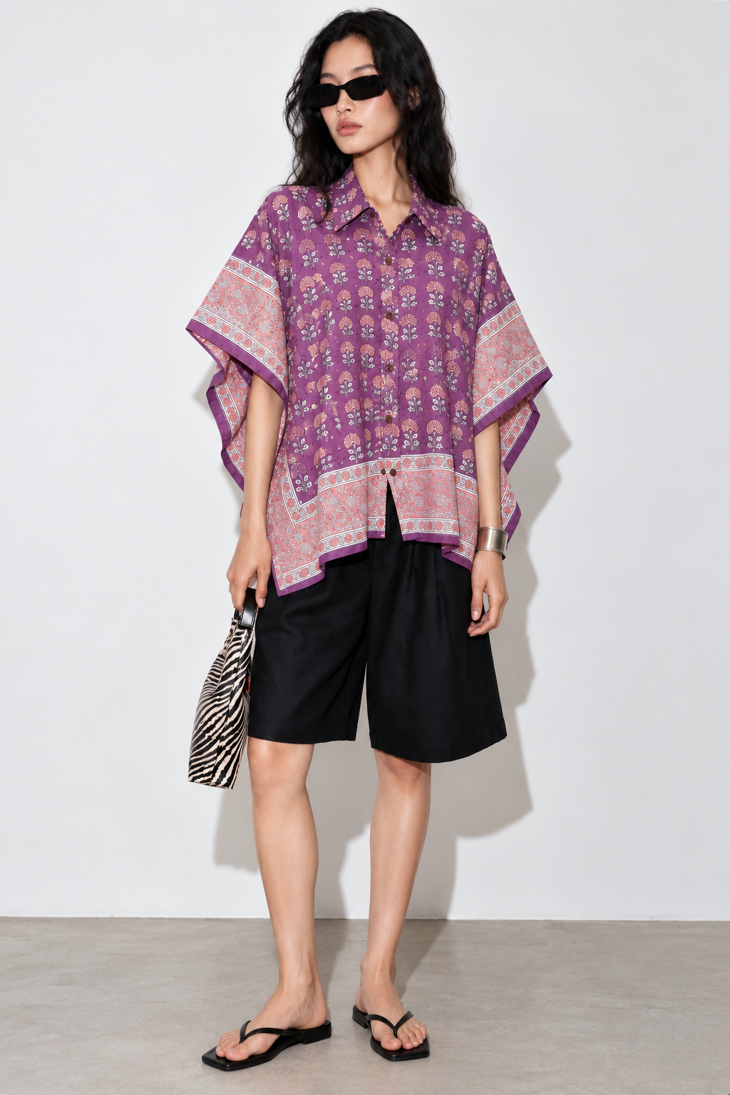 LILAC FLORAL HAND-BLOCKED KAFTAN SHIRT