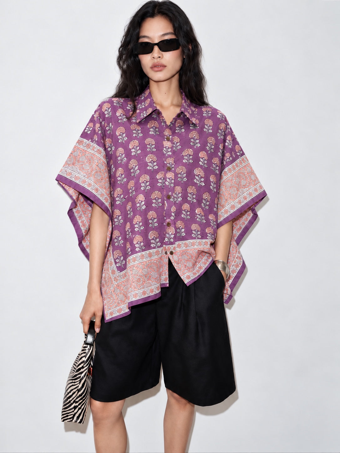 LILAC FLORAL HAND-BLOCKED KAFTAN SHIRT