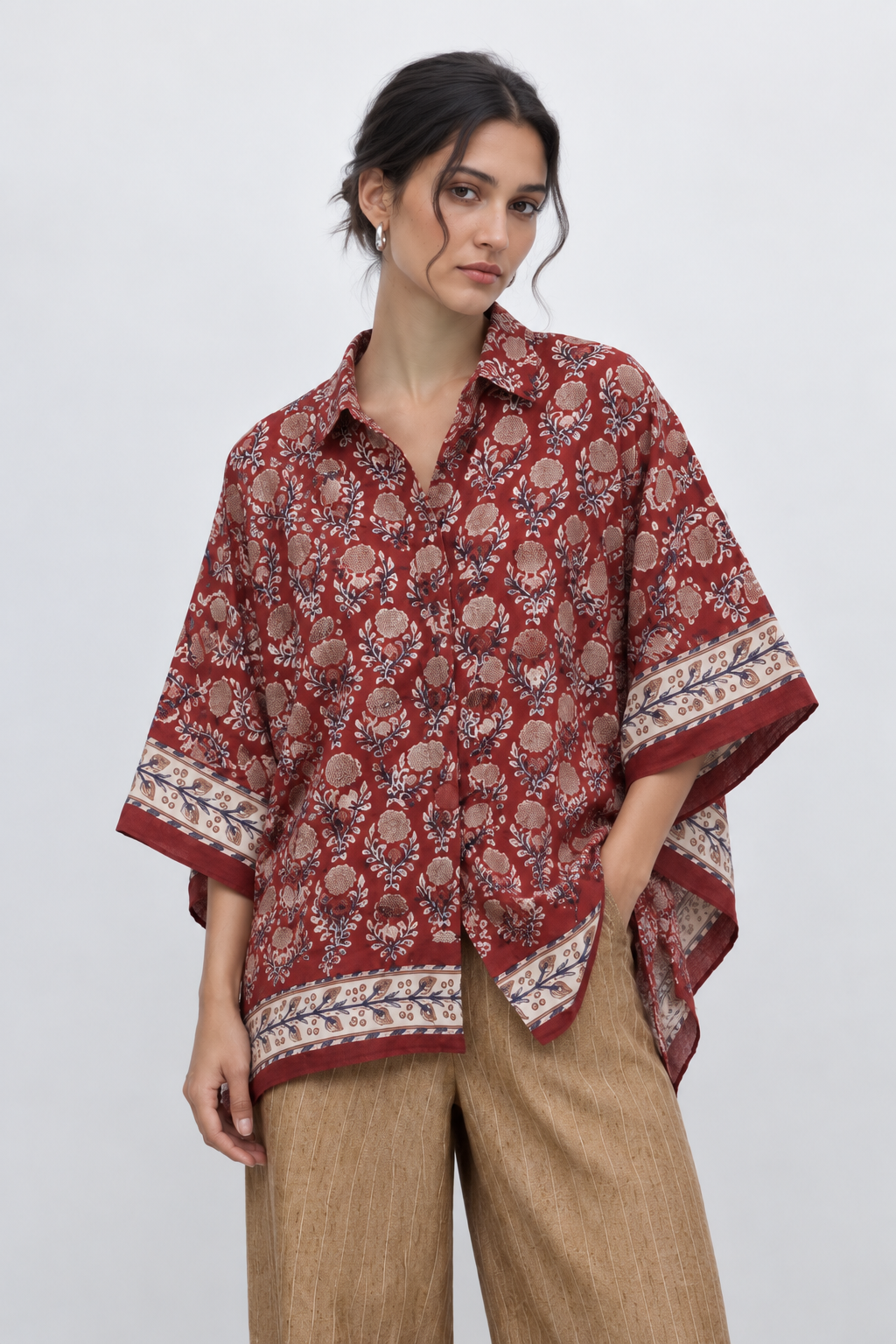 RED FLORAL HAND-BLOCKED KAFTAN SHIRT