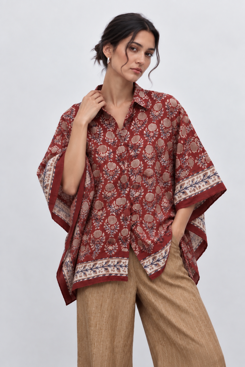 RED FLORAL HAND-BLOCKED KAFTAN SHIRT