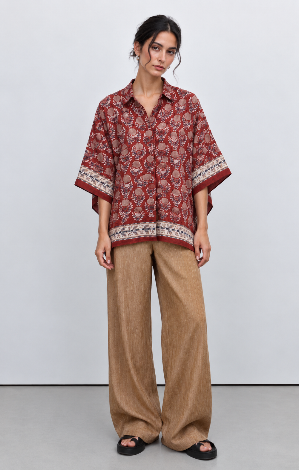 RED FLORAL HAND-BLOCKED KAFTAN SHIRT