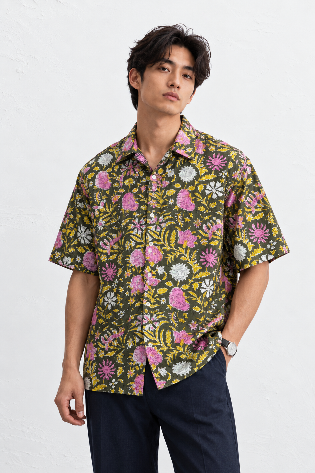 GREEN FLORAL HAND-BLOCKED SHIRT