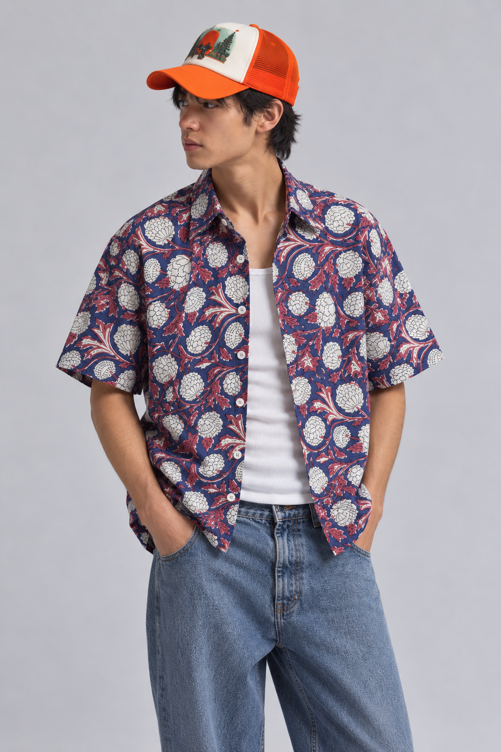 INDIGO BLUE FLORAL HAND-BLOCKED SHIRT
