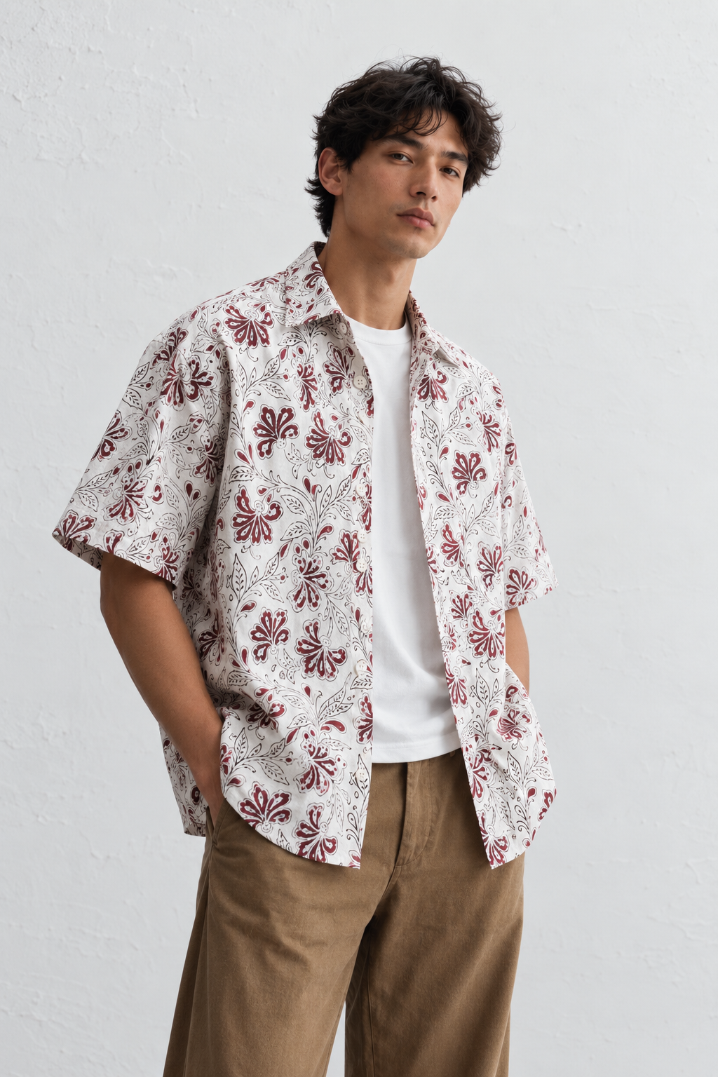 WHITE FLORAL HAND-BLOCKED SHIRT