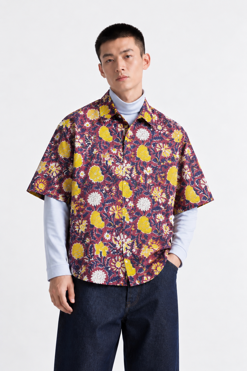 MAROON FLORAL HAND-BLOCKED SHIRT