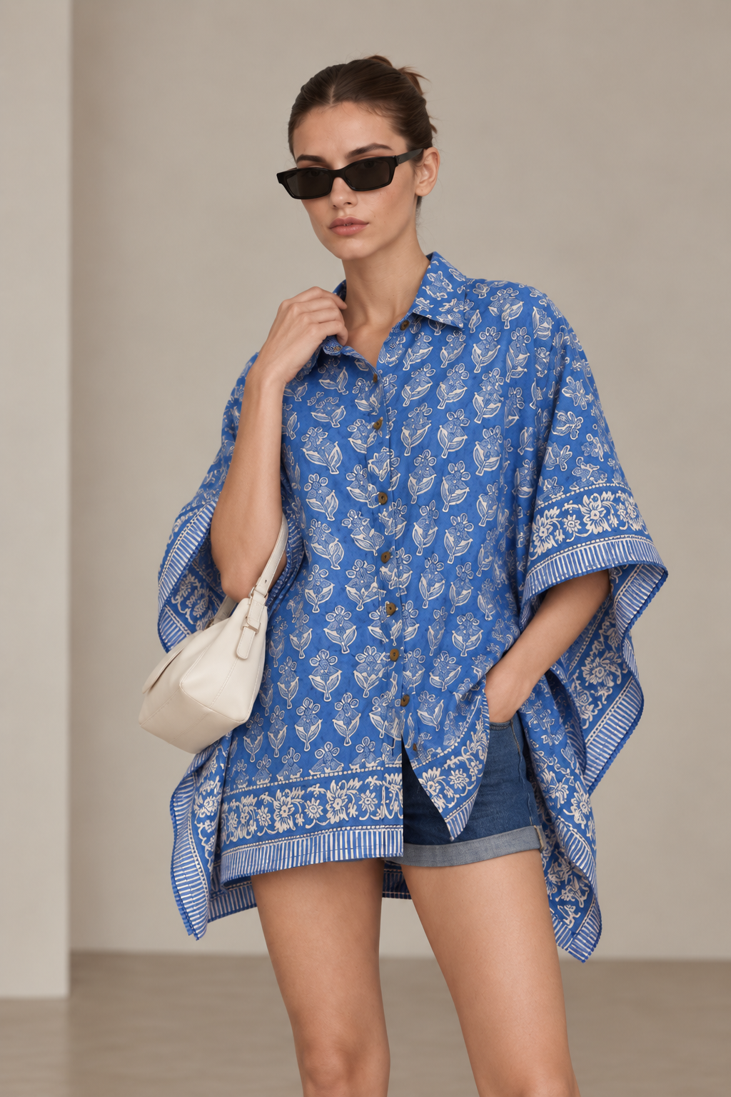 BLUE FLORAL HAND-BLOCKED KAFTAN SHIRT