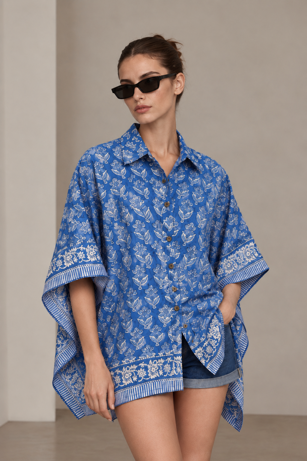 BLUE FLORAL HAND-BLOCKED KAFTAN SHIRT