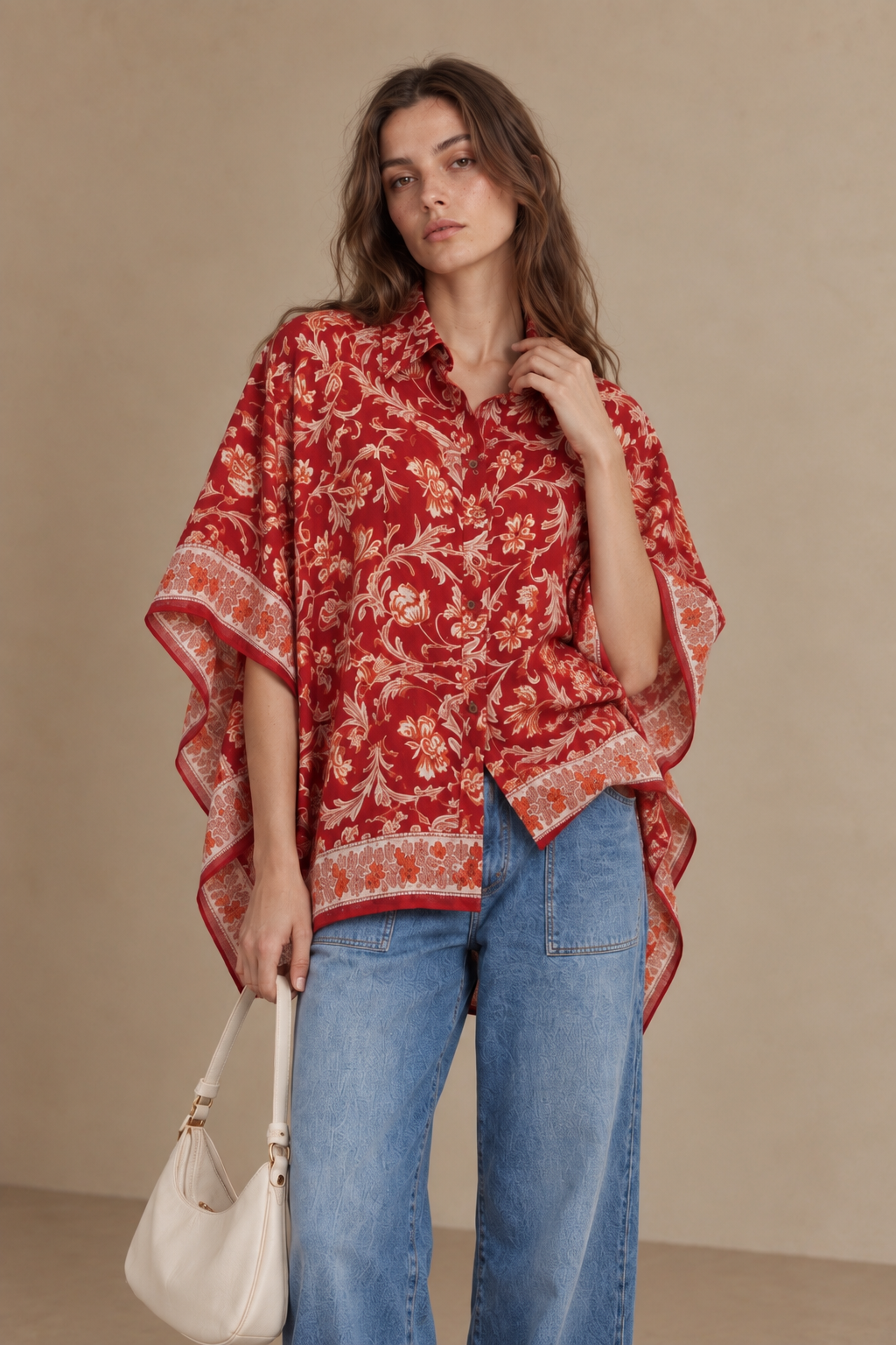 RED FLORAL HAND-BLOCKED KAFTAN SHIRT