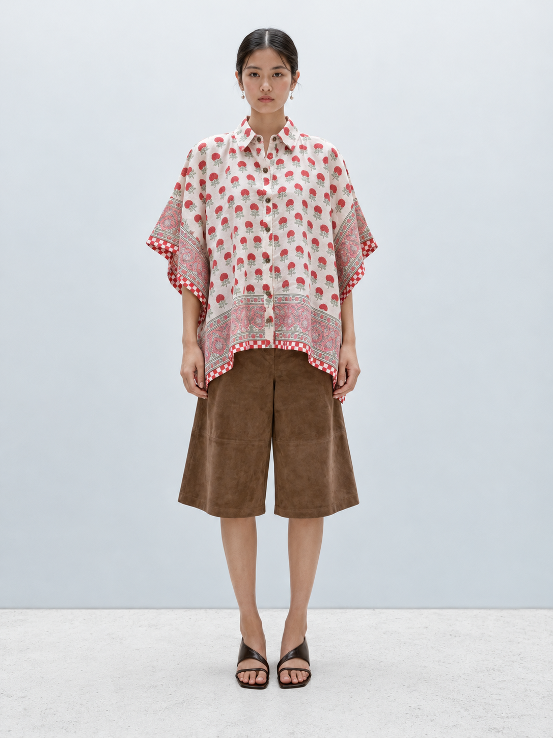 WHITE FLORAL HAND-BLOCKED KAFTAN SHIRT