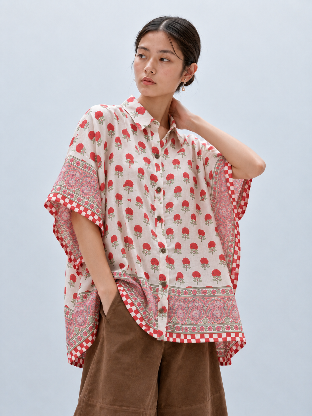 WHITE FLORAL HAND-BLOCKED KAFTAN SHIRT