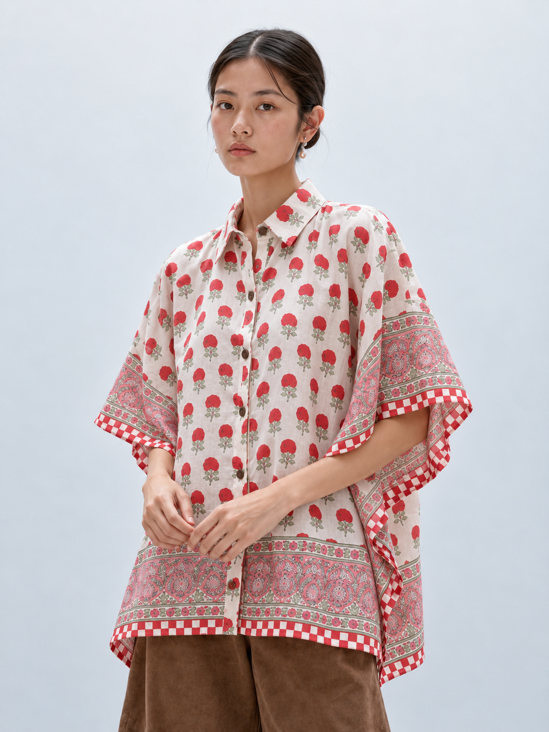 WHITE FLORAL HAND-BLOCKED KAFTAN SHIRT