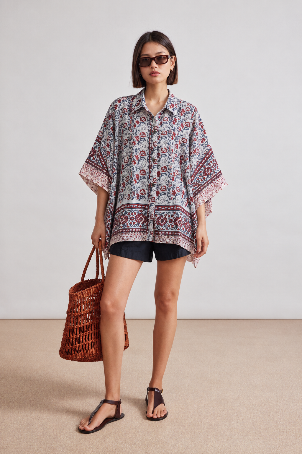 WHITE FLORAL HAND-BLOCKED KAFTAN SHIRT