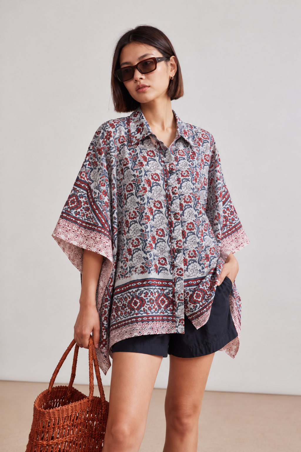 WHITE FLORAL HAND-BLOCKED KAFTAN SHIRT