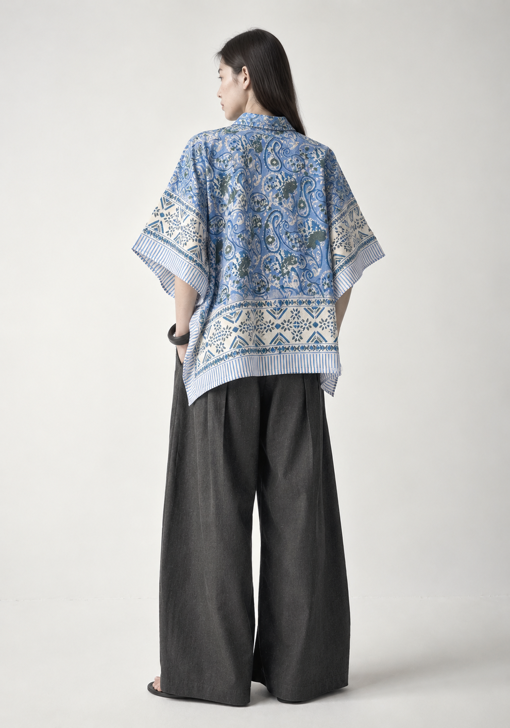 BLUE FLORAL HAND-BLOCKED KAFTAN SHIRT