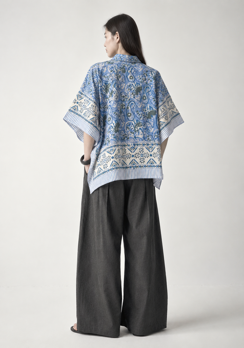 BLUE FLORAL HAND-BLOCKED KAFTAN SHIRT