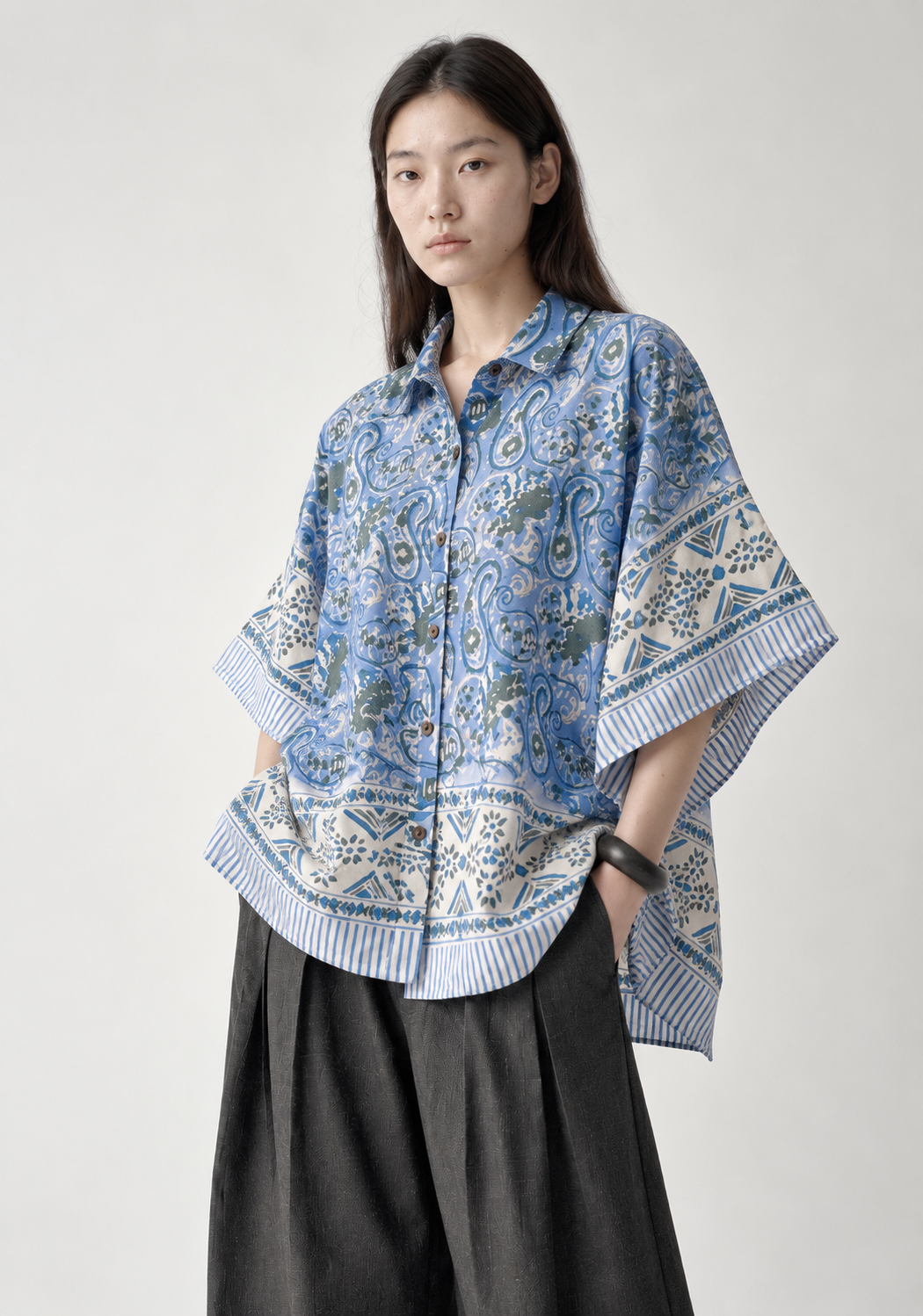 BLUE FLORAL HAND-BLOCKED KAFTAN SHIRT