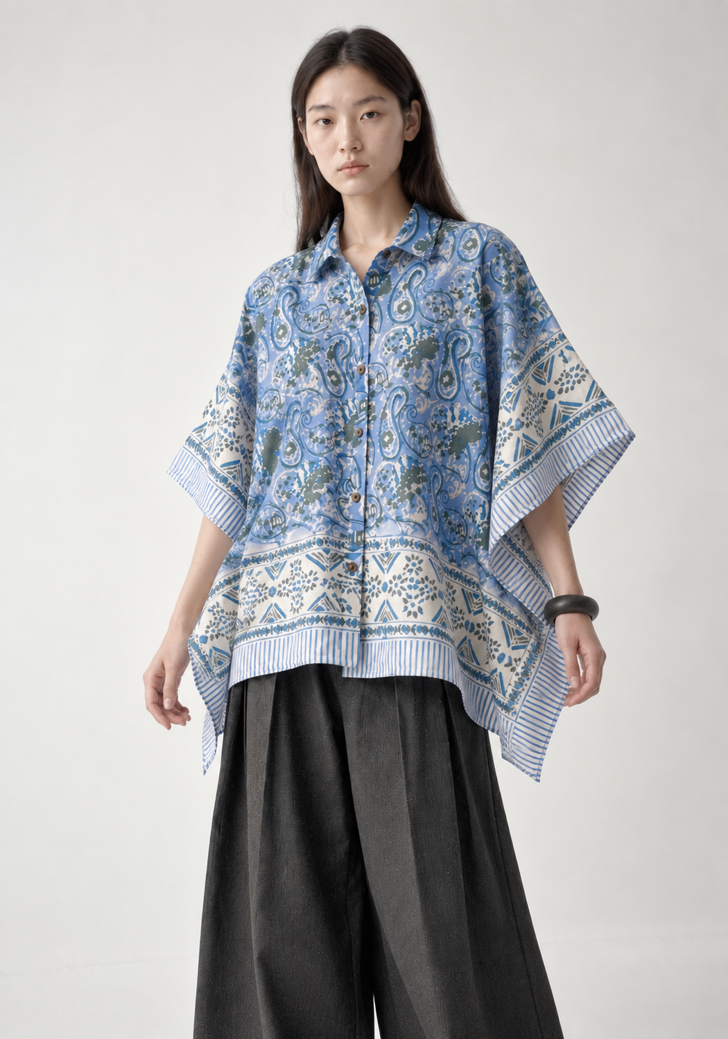 BLUE FLORAL HAND-BLOCKED KAFTAN SHIRT