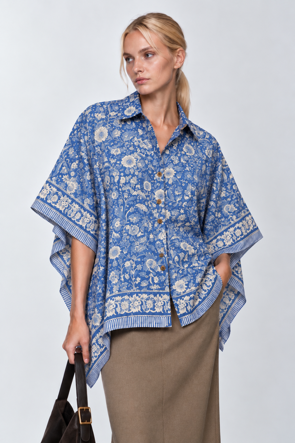 BLUE FLORAL HAND-BLOCKED KAFTAN SHIRT