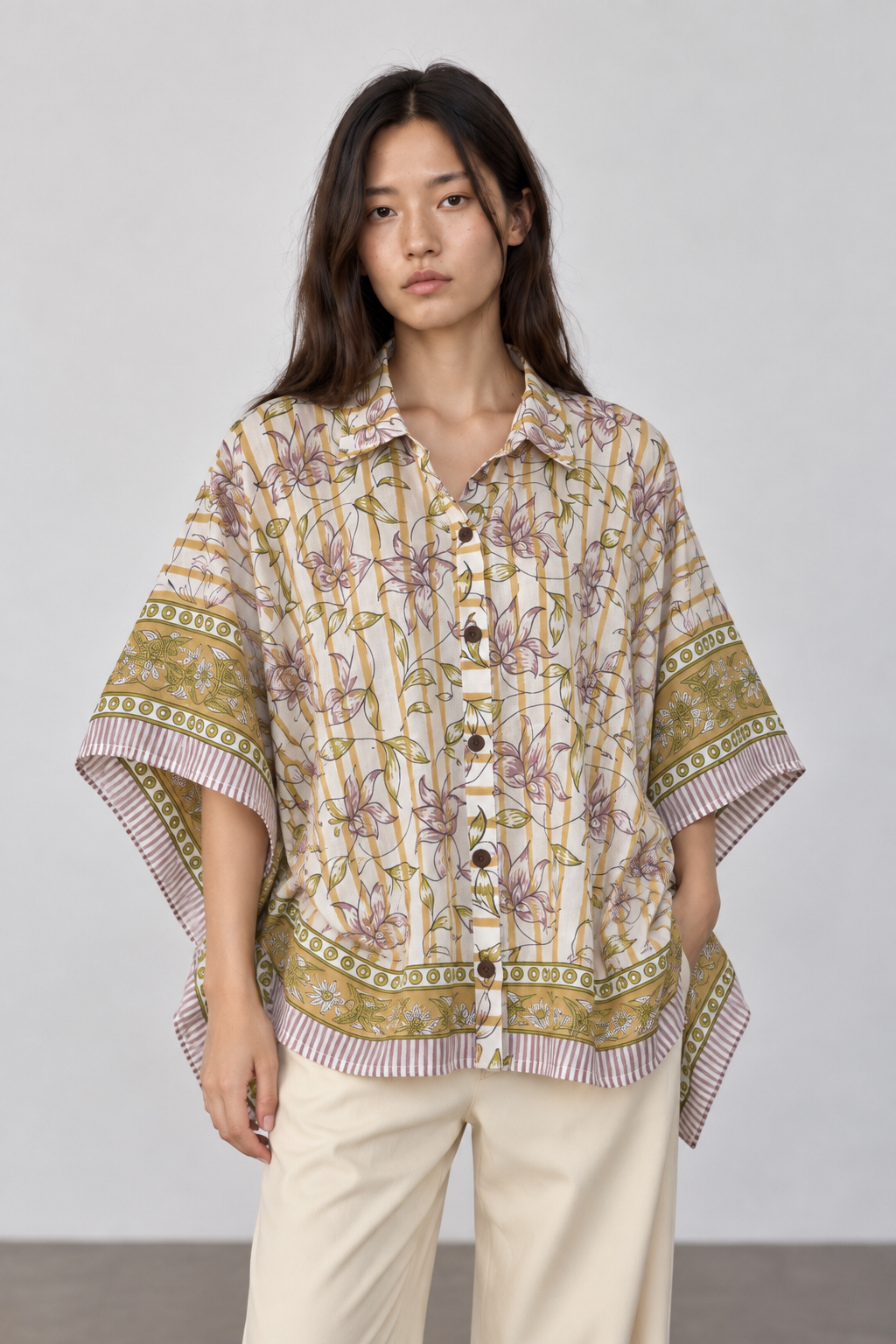 WHITE FLORAL HAND-BLOCKED KAFTAN SHIRT