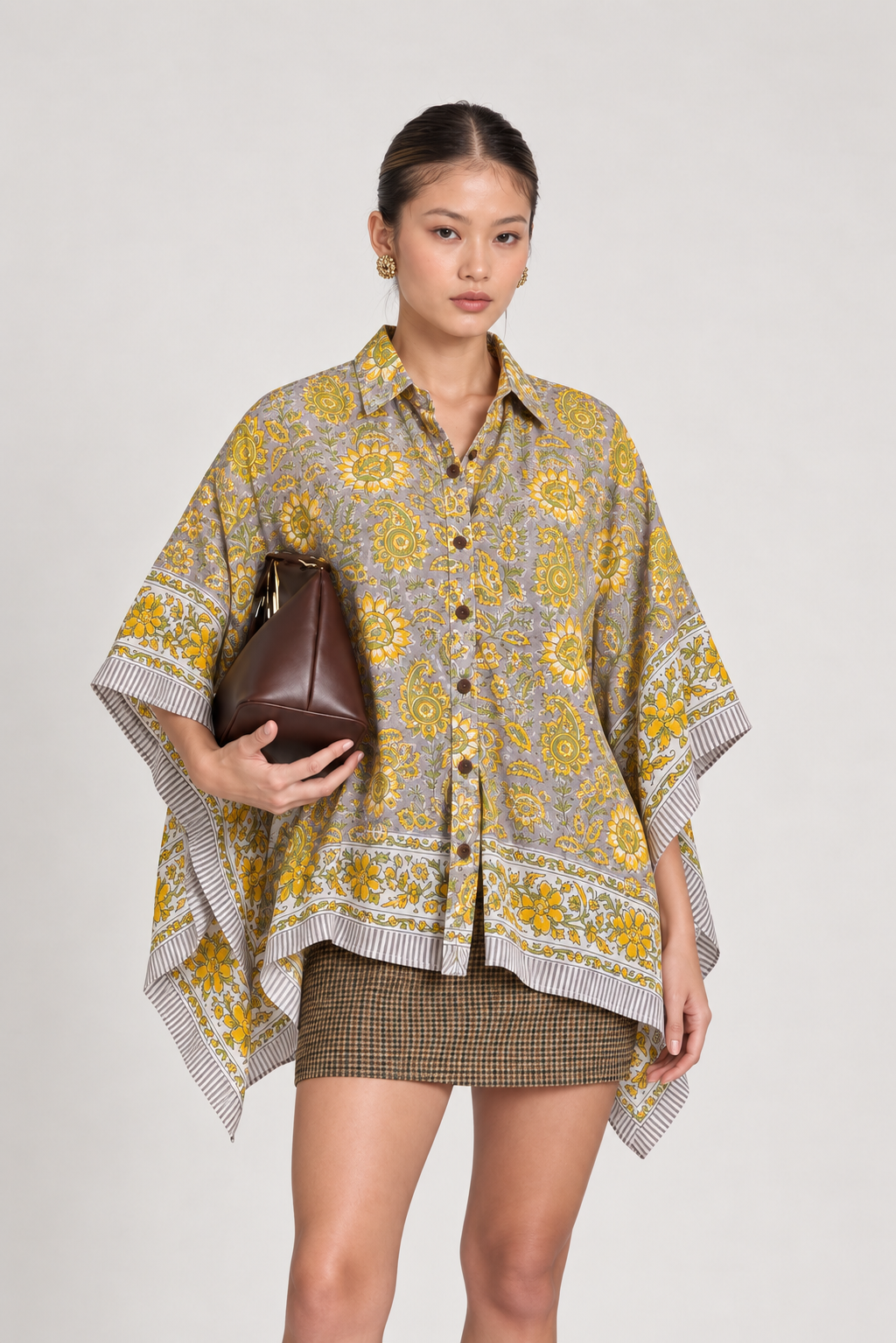 GREY FLORAL HAND-BLOCKED KAFTAN SHIRT